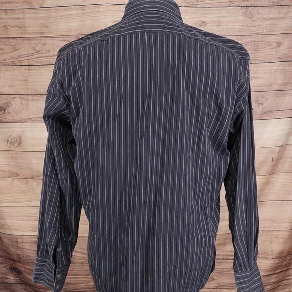 Faconnable Shirt Mens Small Black Gray Stripe Button Front Cotton Long Sleeve - Picture 4 of 8
